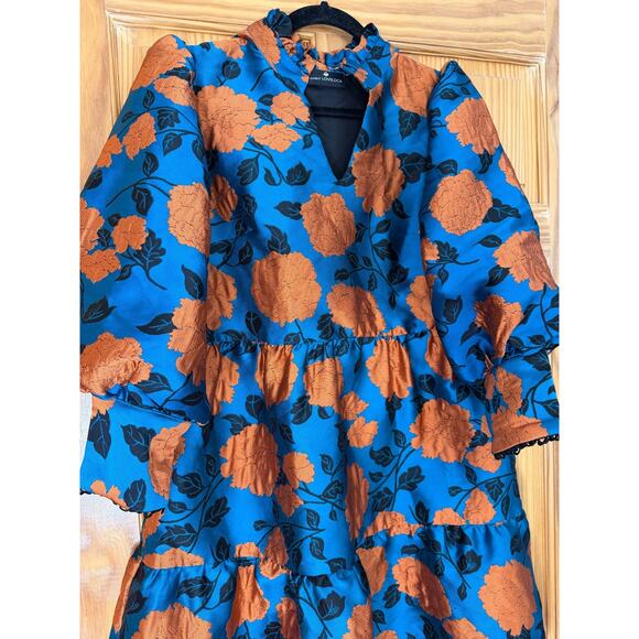 Emily Lovelace Dress Size 4/6 Teal With Rust Flowers Collared Preppy POCKETS! - Picture 5 of 5